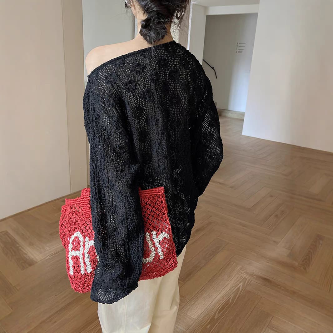 レース 服 透かし編みレースオフショルダーセーター
