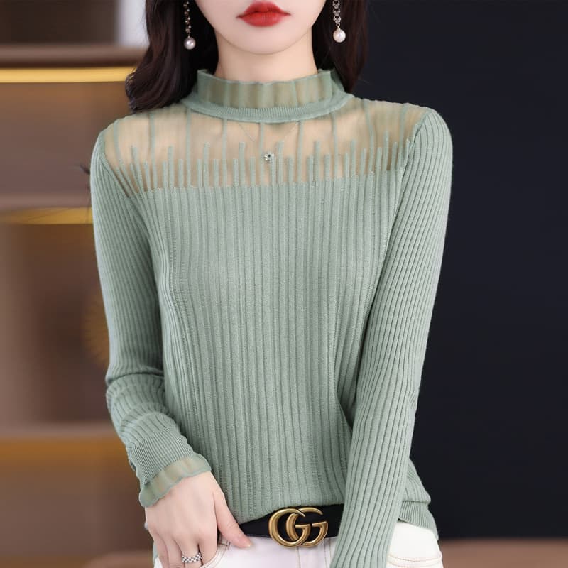 レース 服 シアーパネル リブニット モックネック セーター