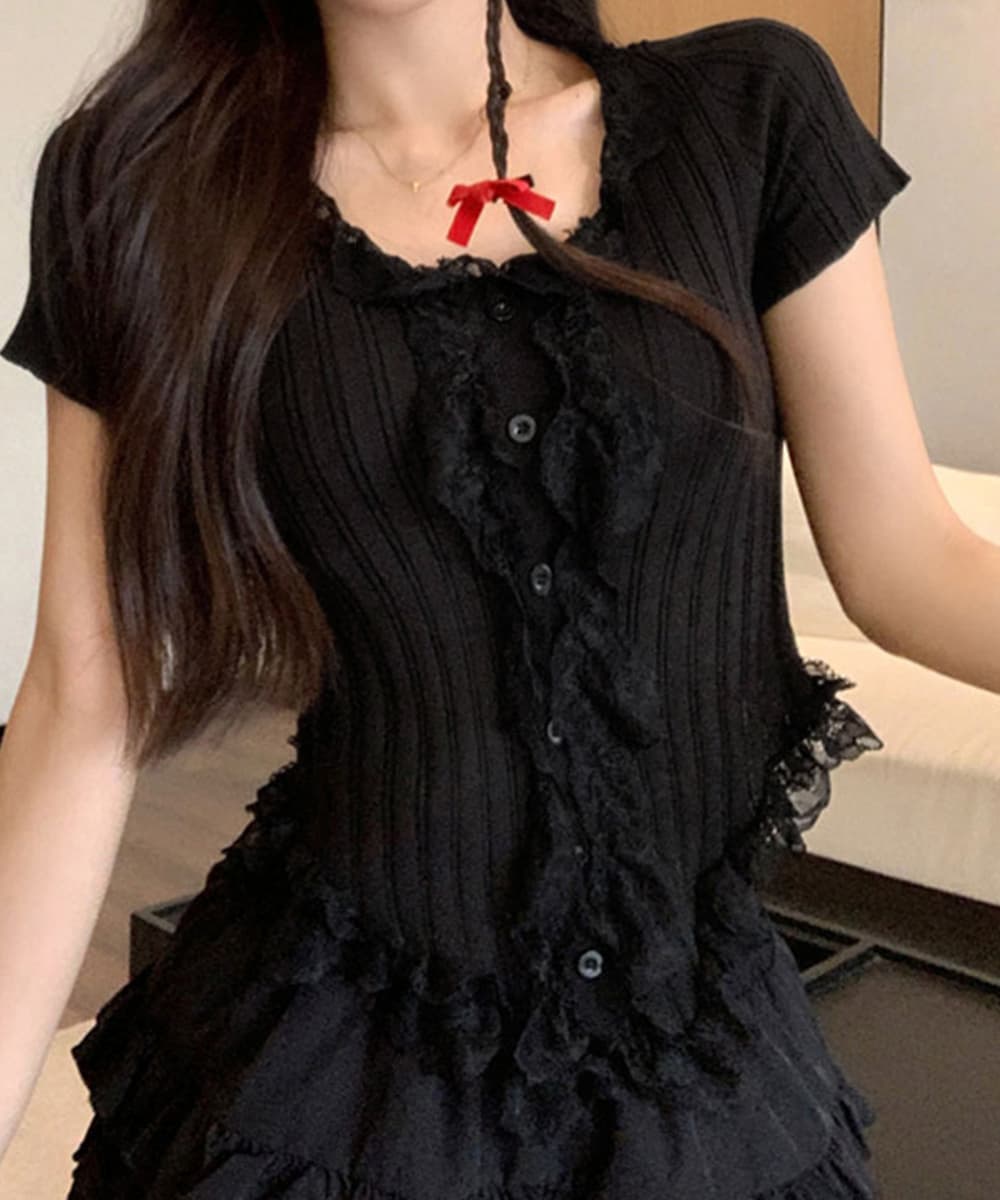 レース 服 レースフリルリブニットトップス半袖
