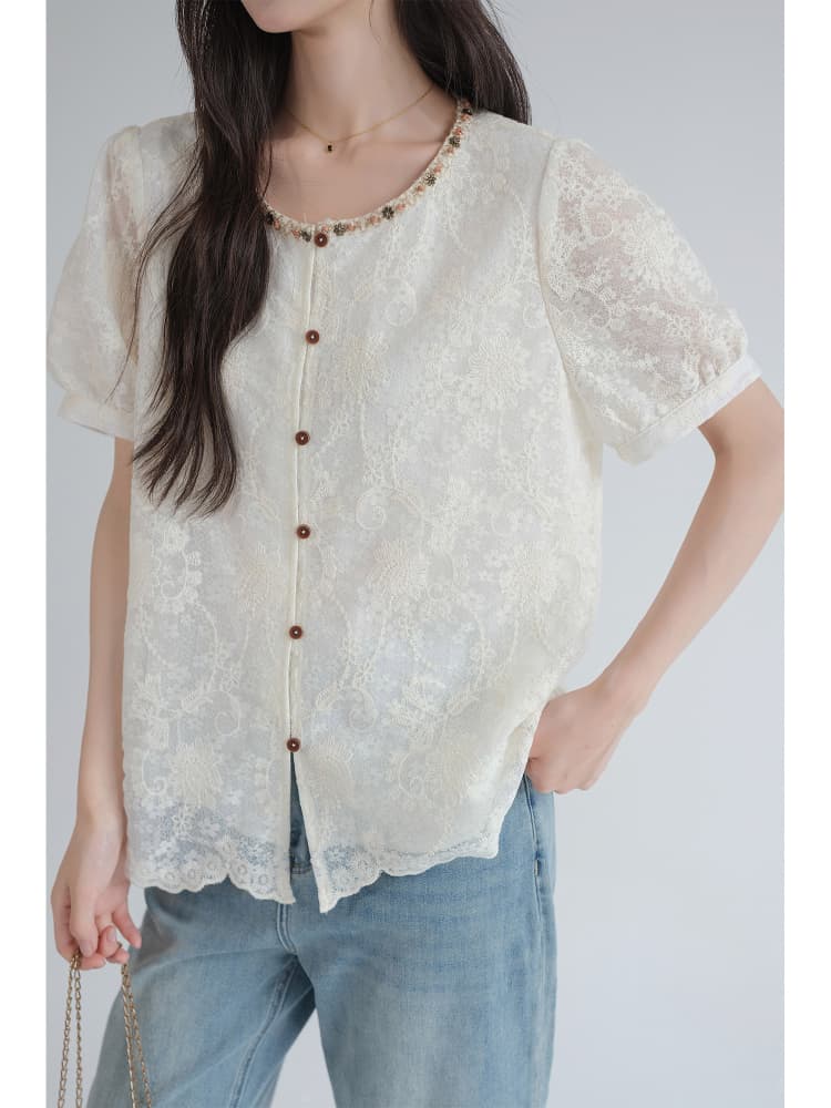 レース 服 花刺繍宝石襟パフスリーブレースブラウス