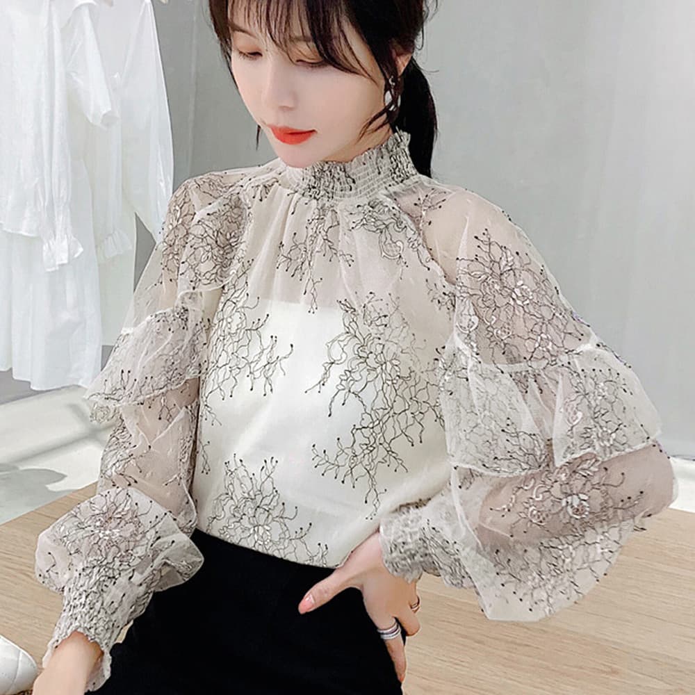 レース 服 花柄刺繍レースブラウス長袖シアートップス