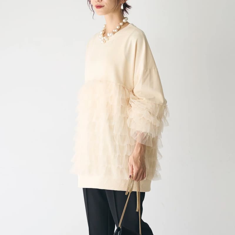 レース 服 春新作 レース重ねフリル袖 体型カバー トップス レディース