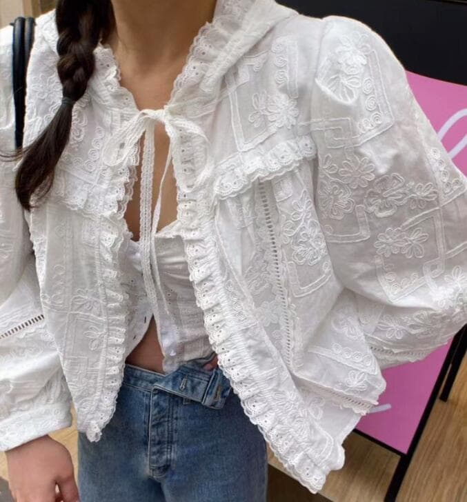 レース 服 秋冬レースフード付き長袖シャツ白色透け感トップス