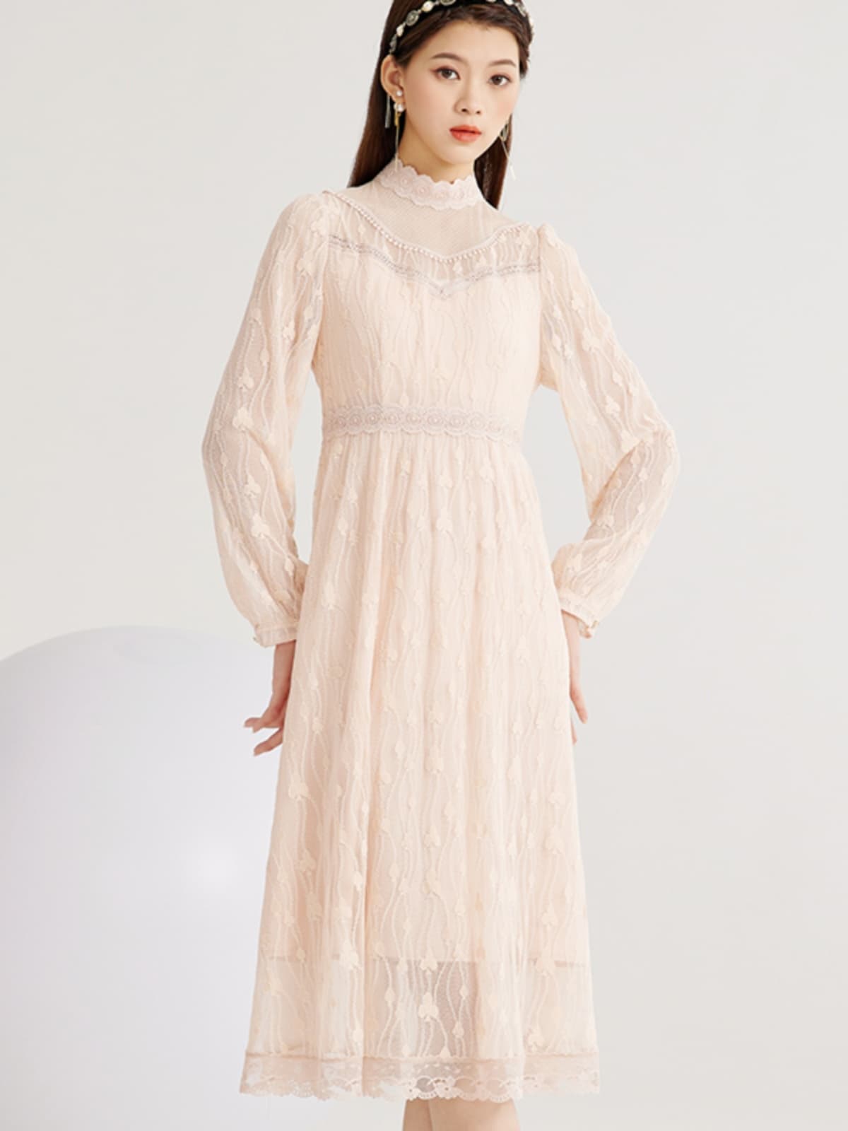 レース 服 花レース 立ち襟 長袖ワンピース
