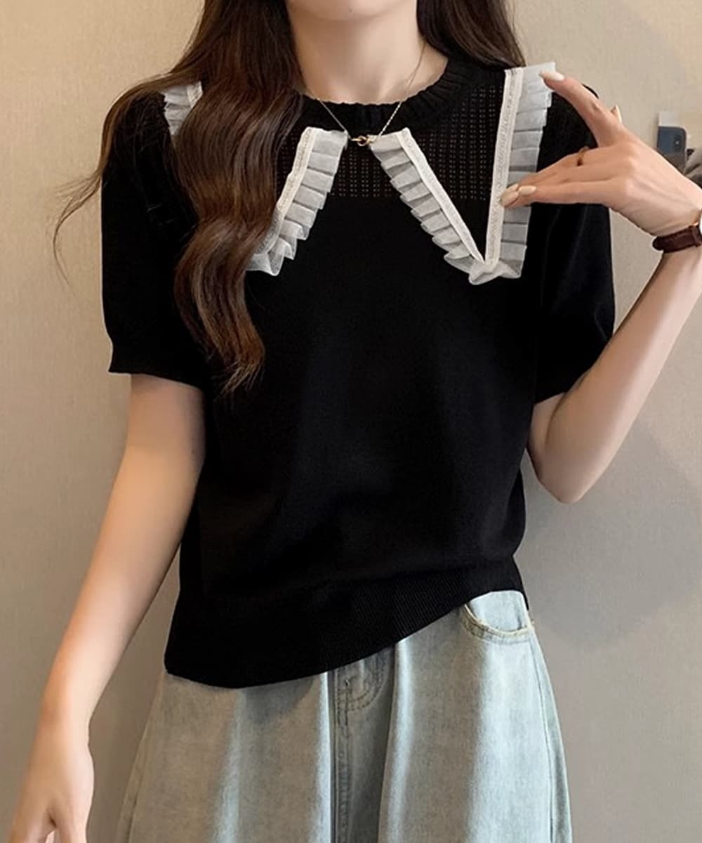 レース 服 レース襟付きニットトップス きれいめ 大人可愛い 韓国風