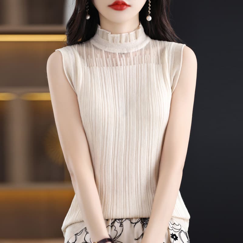 レース 服 プリーツデザイン ハイネック ノースリーブブラウス