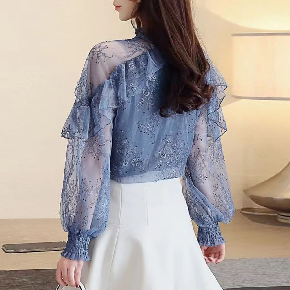 レース 服 花柄刺繍レースブラウス長袖シアートップス