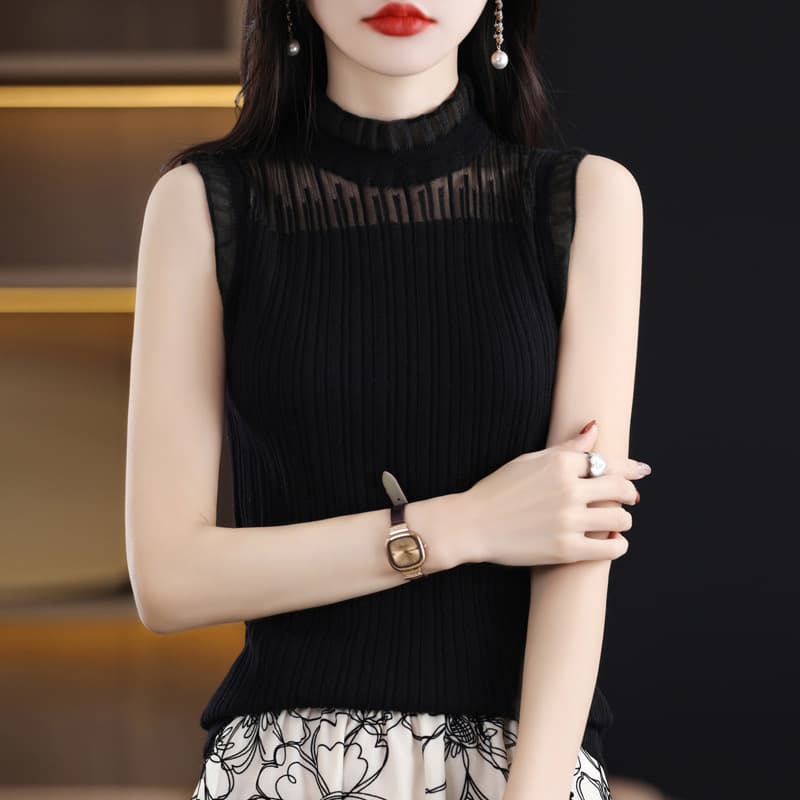 レース 服 プリーツデザイン ハイネック ノースリーブブラウス