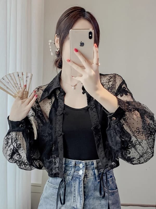 レース 服 レディース レース刺繍 シースルー ブラウス 中国風
