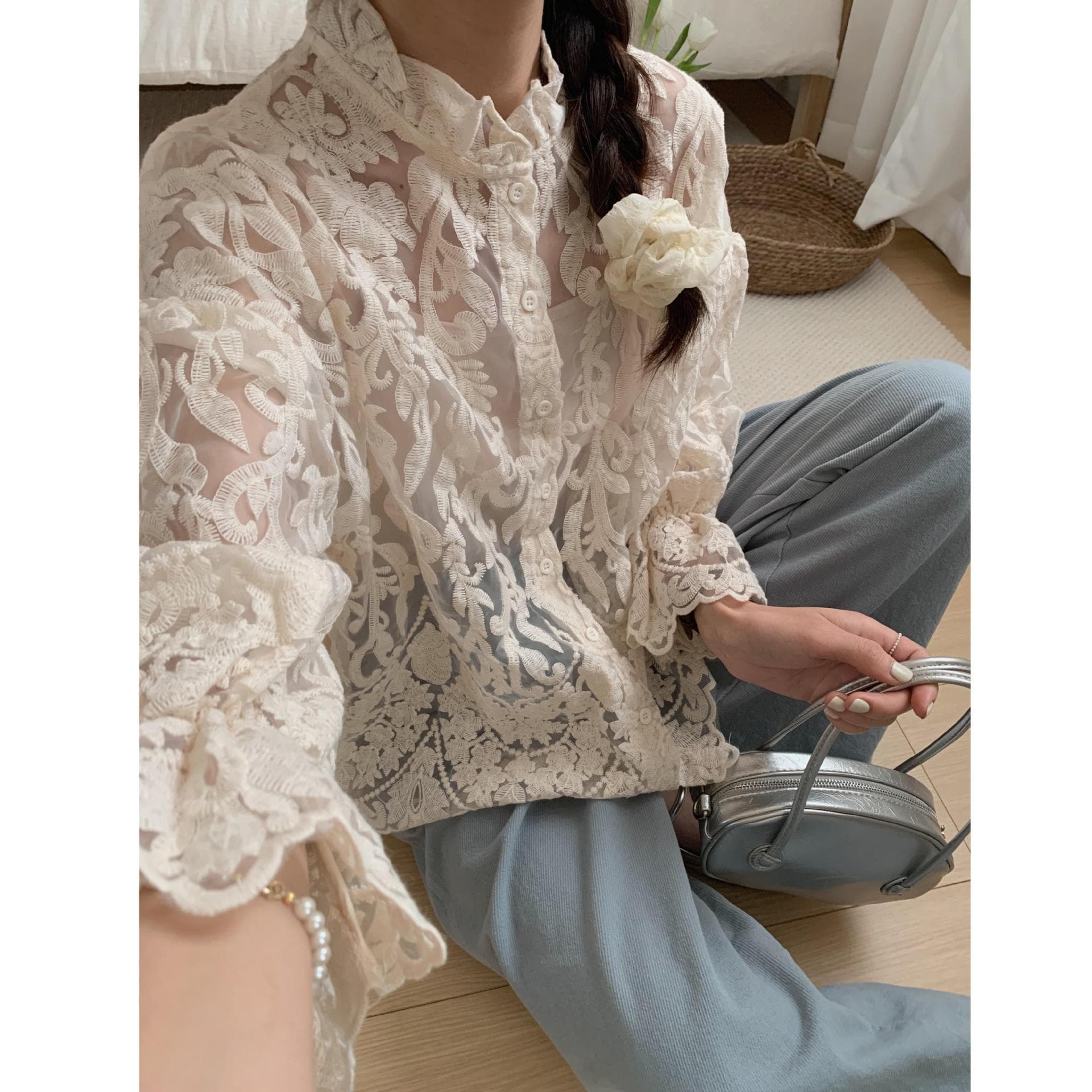 レース 服 トップス 優雅な花柄レースシャツ 女性用長袖トップス