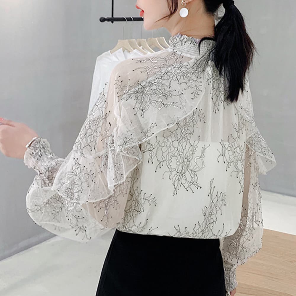 レース 服 花柄刺繍レースブラウス長袖シアートップス