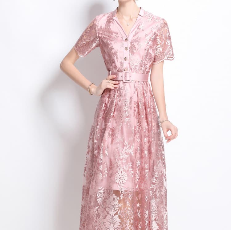 レース 服 花柄レース 前開きベルト付きワンピース