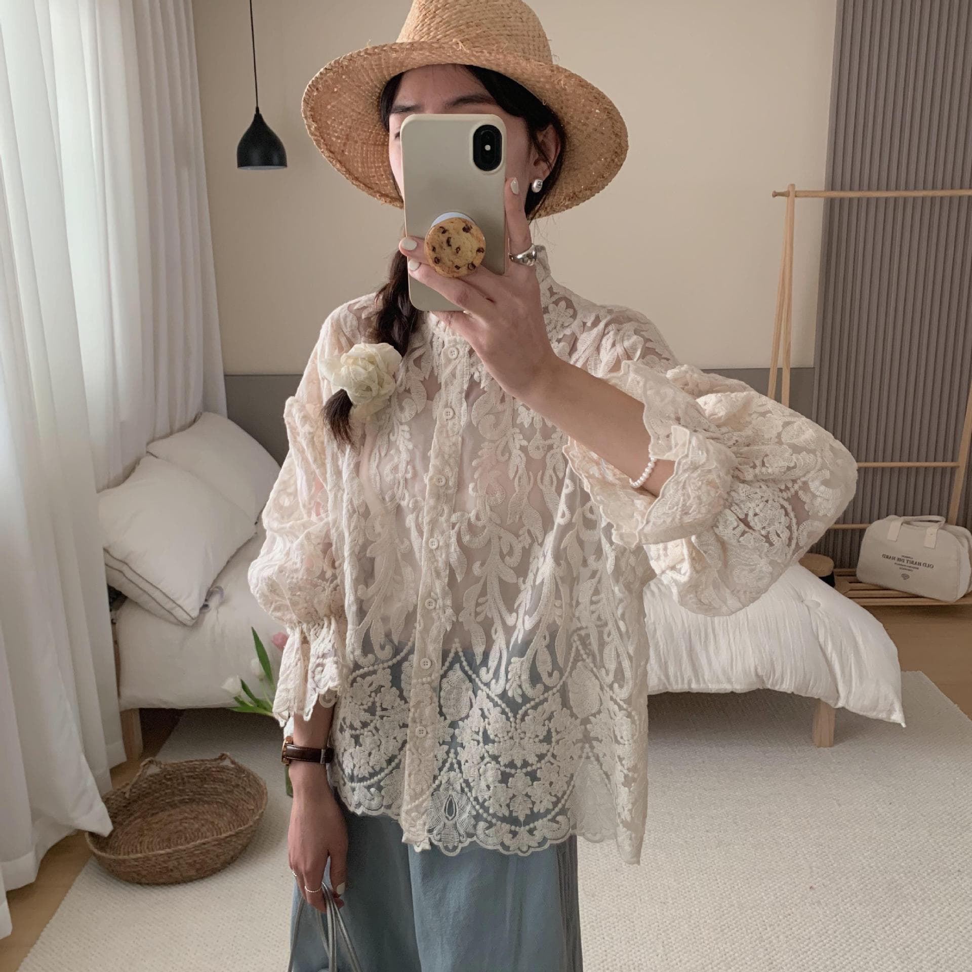 レース 服 トップス 優雅な花柄レースシャツ 女性用長袖トップス
