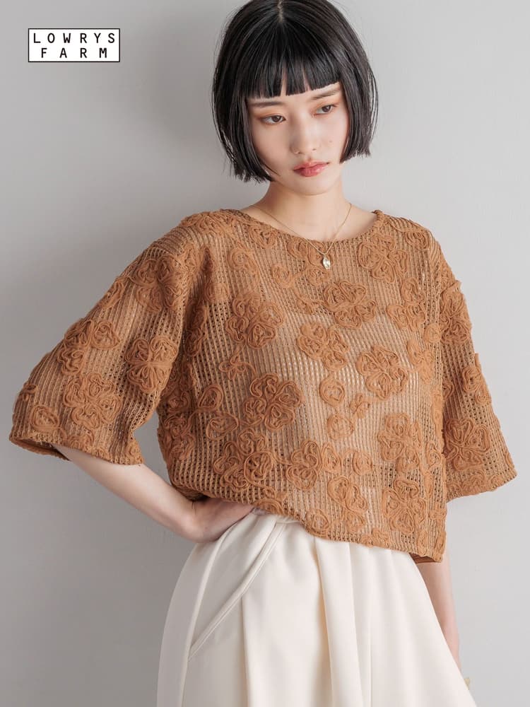 レース 服 花柄透かし編みレーストップス