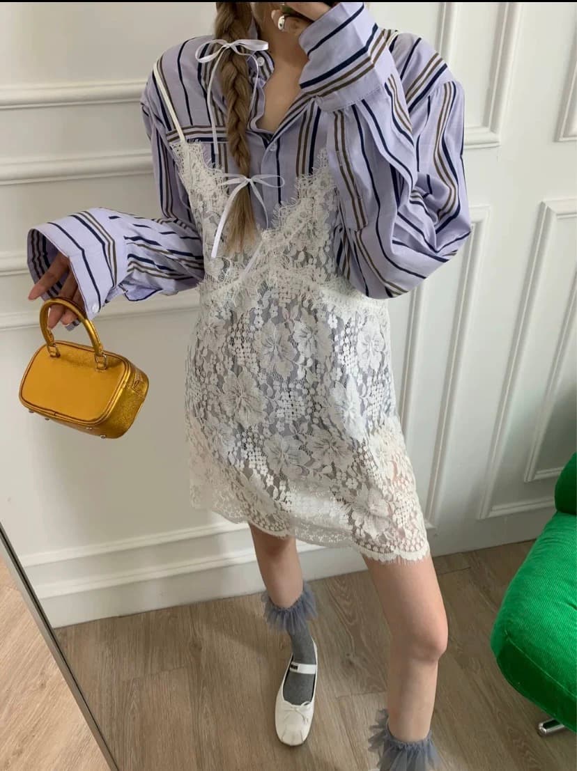 レース 服 上品花柄レース重ね着風キャミワンピース