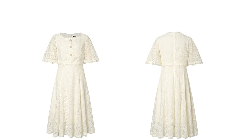 レース 服 優美なフレア袖レースワンピース