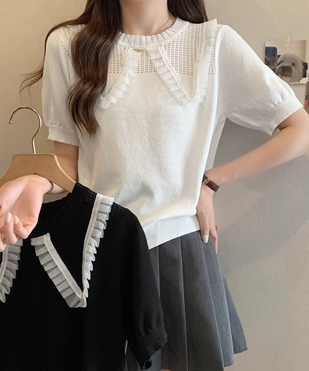 レース 服 レース襟付きニットトップス きれいめ 大人可愛い 韓国風