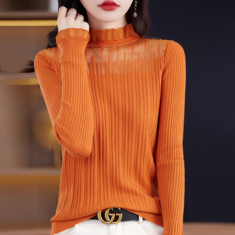 レース 服 シアーパネル リブニット モックネック セーター