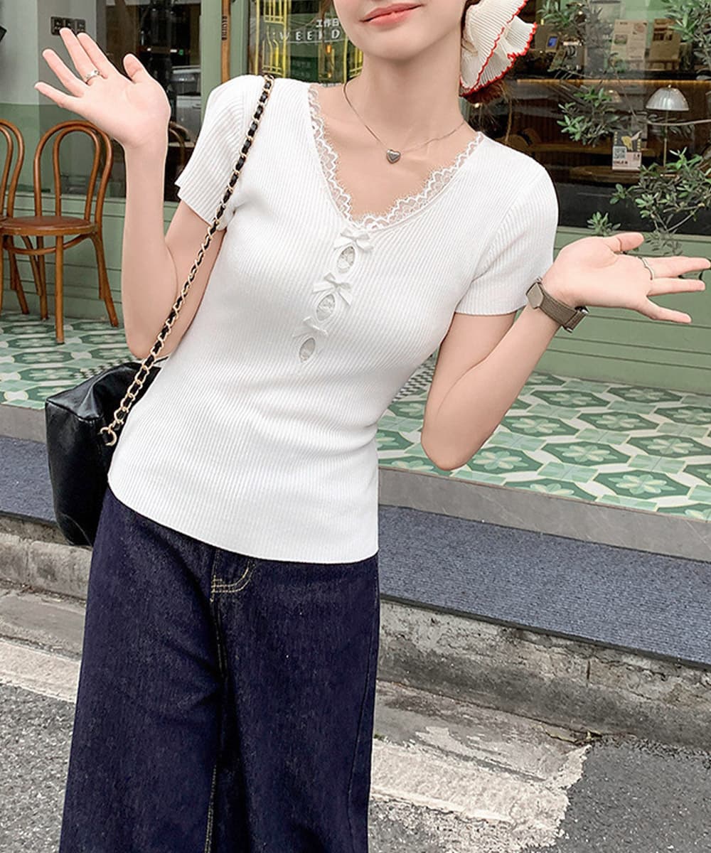 レース 服 レースアップリブニット 半袖トップス 夏服
