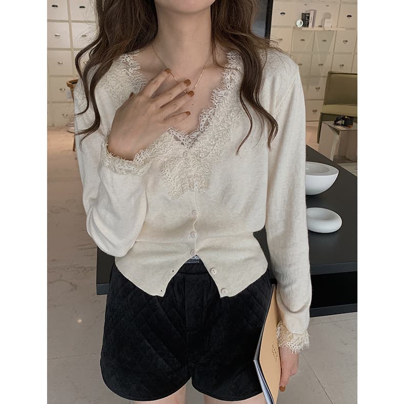 レース 服 レディース長袖レース襟ニットカーディガン トップス2色