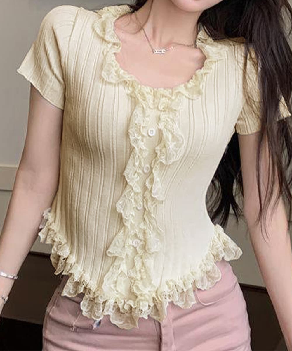 レース 服 レースフリルリブニットトップス半袖