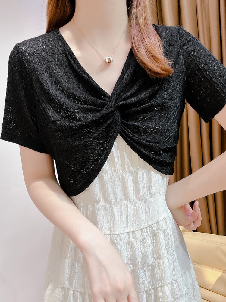 レース 服 ねじりデザイン総レースボレロトップス