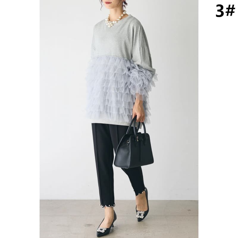 レース 服 春新作 レース重ねフリル袖 体型カバー トップス レディース