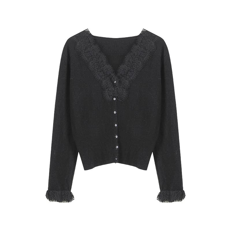 レース 服 レディース長袖レース襟ニットカーディガン トップス2色