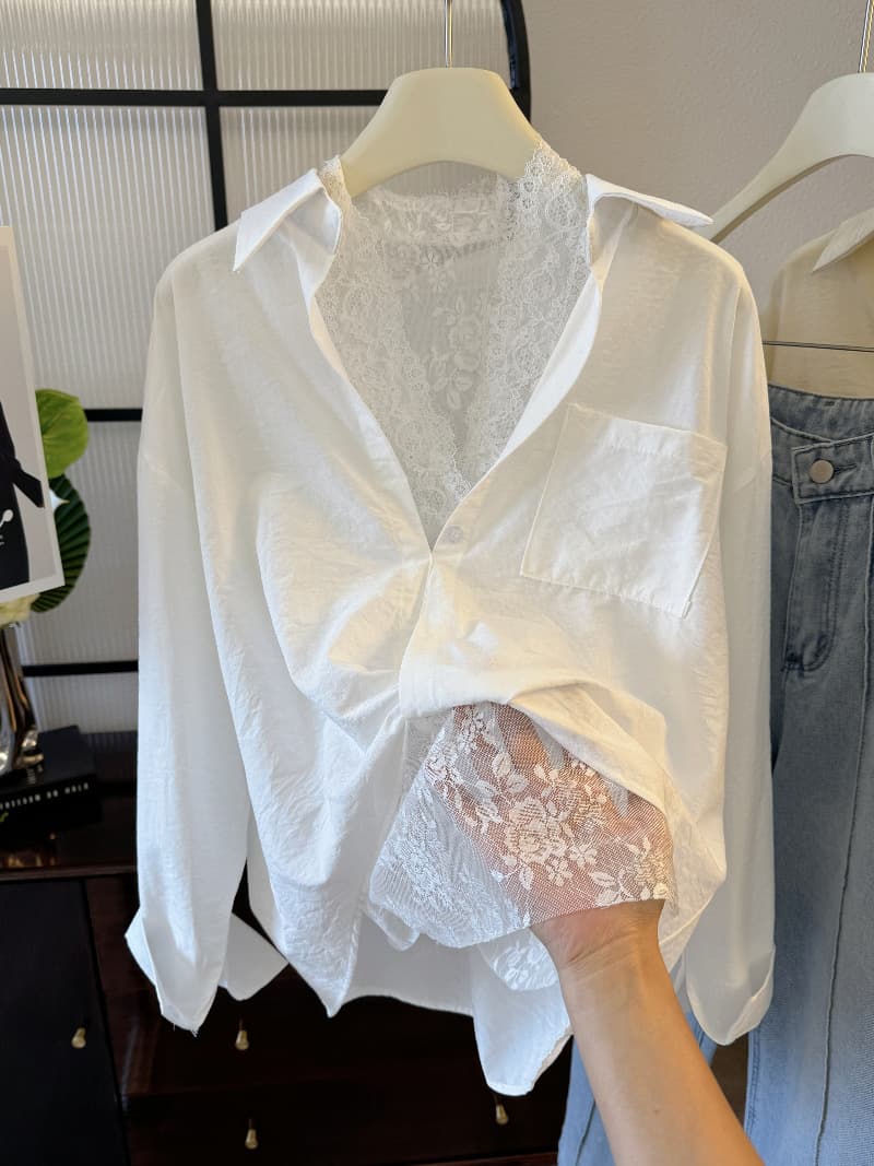 レース 服 レイヤード風レース透かしシャツ