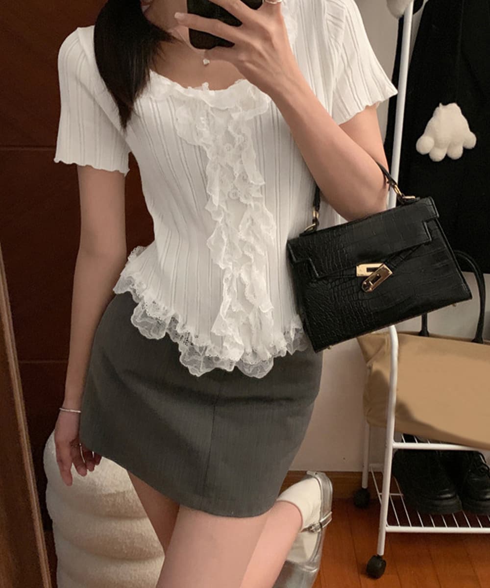 レース 服 レースフリルリブニットトップス半袖