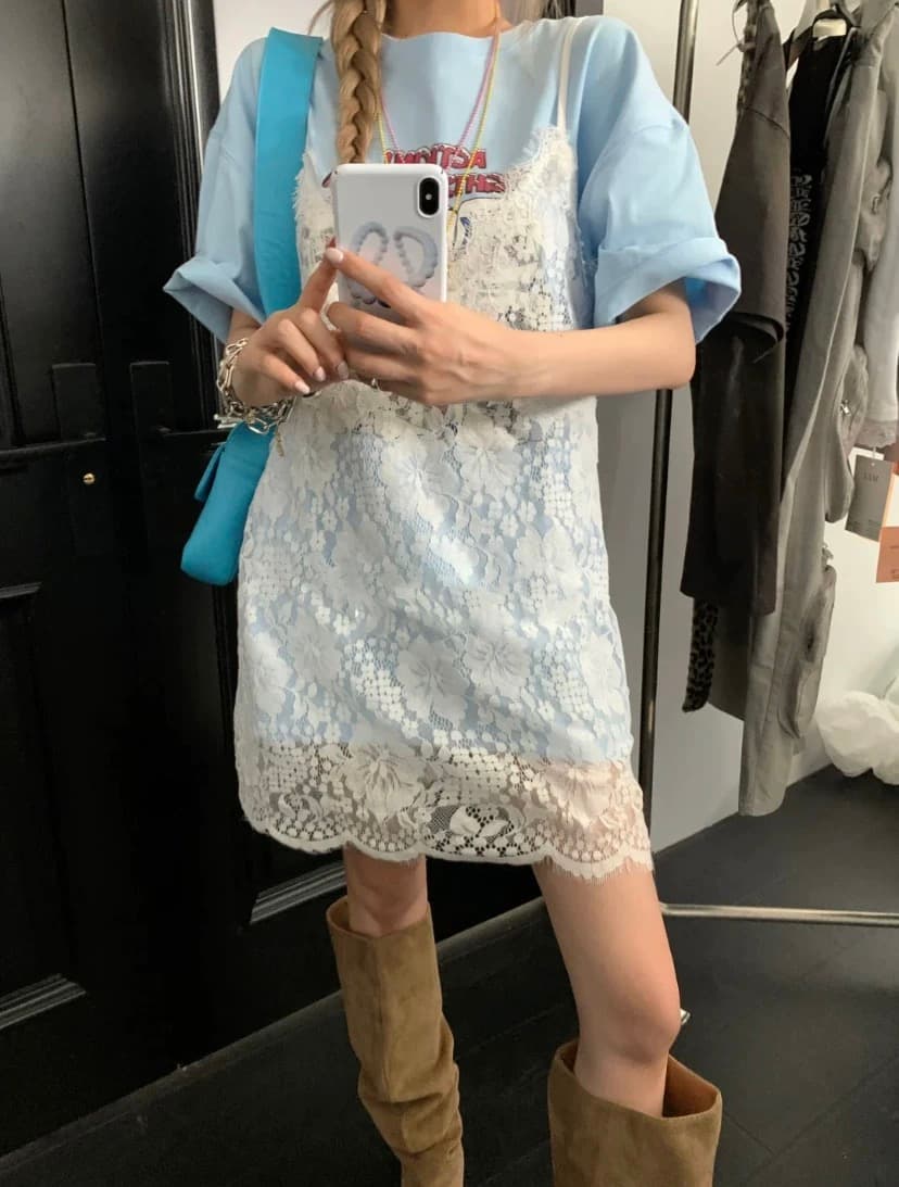 レース 服 上品花柄レース重ね着風キャミワンピース