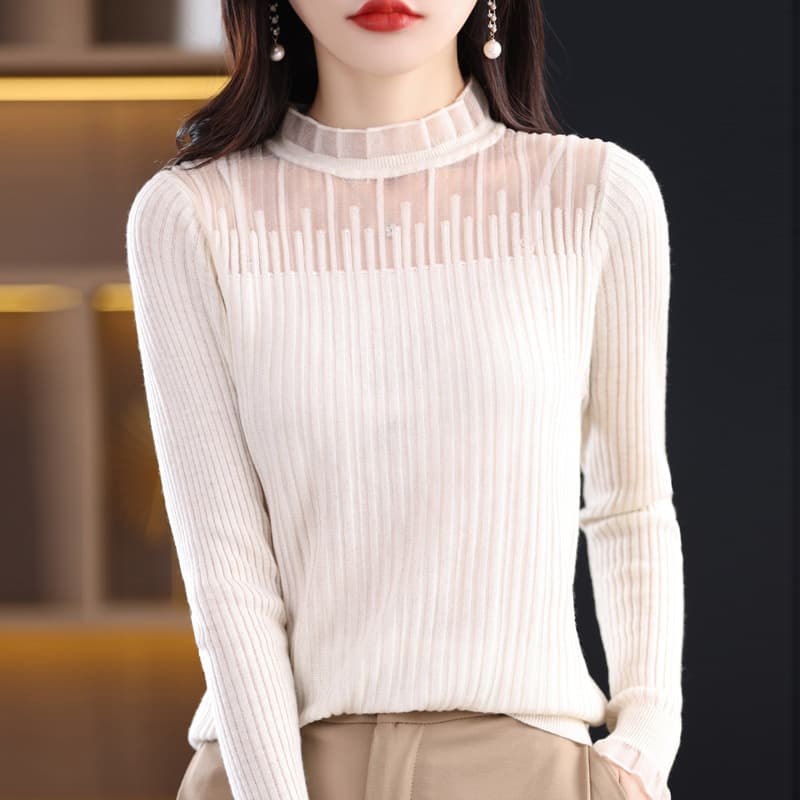 レース 服 シアーパネル リブニット モックネック セーター