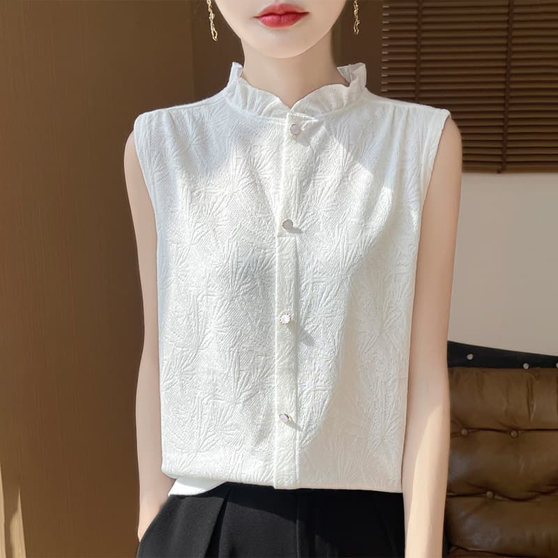 レース 服 フリルスタンド襟ノースリーブトップス