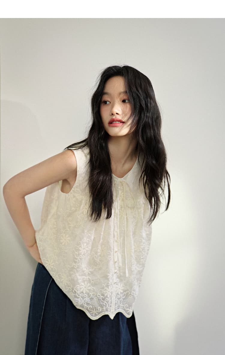 レース 服 花刺繍リボンノースリーブブラウス