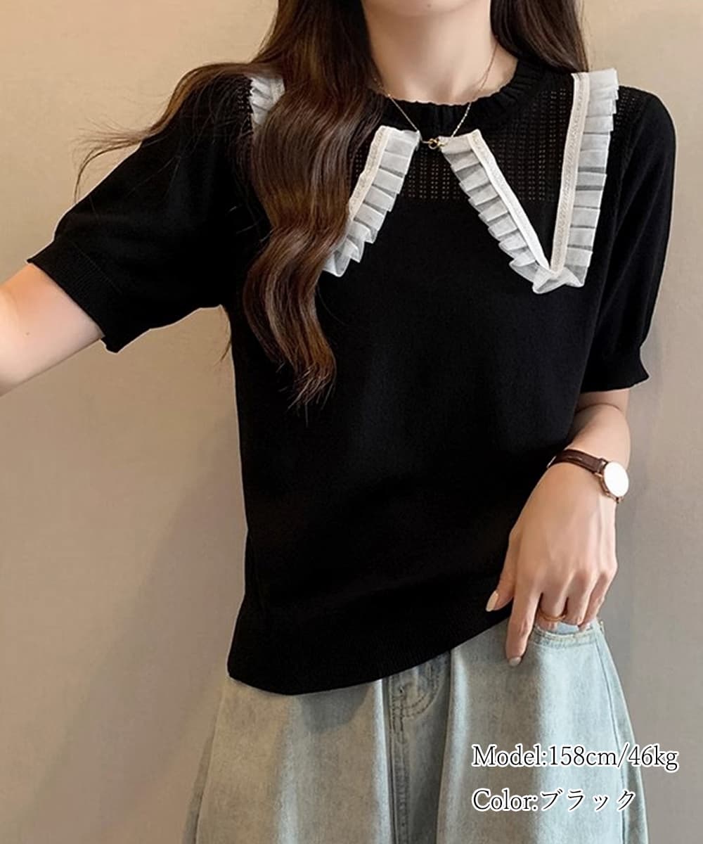 レース 服 レース襟付きニットトップス きれいめ 大人可愛い 韓国風